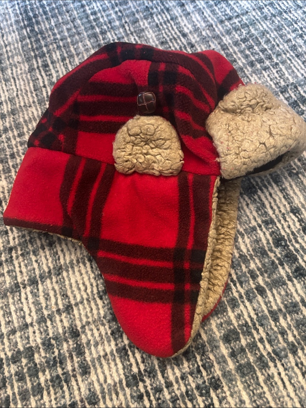 GAP Red and Black Plaid Fleece Trapper Hat with Sherpa Lining